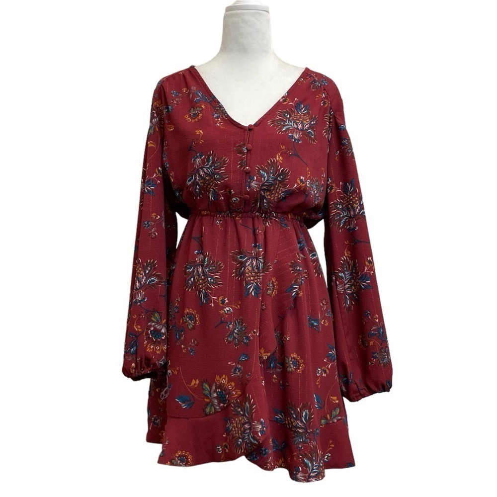 Miss Me Red & Metallic Floral Print Puff Sleeve Mini Dress
